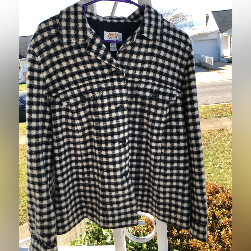 Talbots Women's 14 Blazer Jacket Wool Blend B/W Checker Print